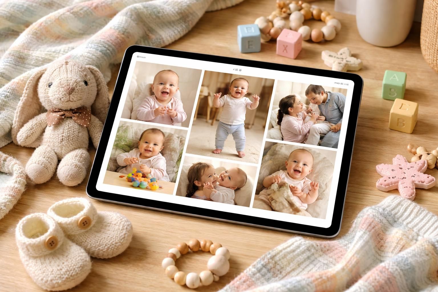 créez un album souvenir unique de la 1ère année de votre bébé avec notre scrapbook numérique spécialement conçu pour l'ipad air. facile, créatif et plein d'émotions.