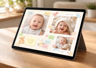 créez un album unique pour la première année de votre bébé avec notre scrapbook numérique, optimisé pour tablette tactile microsoft surface. capturez et partagez chaque moment précieux facilement.