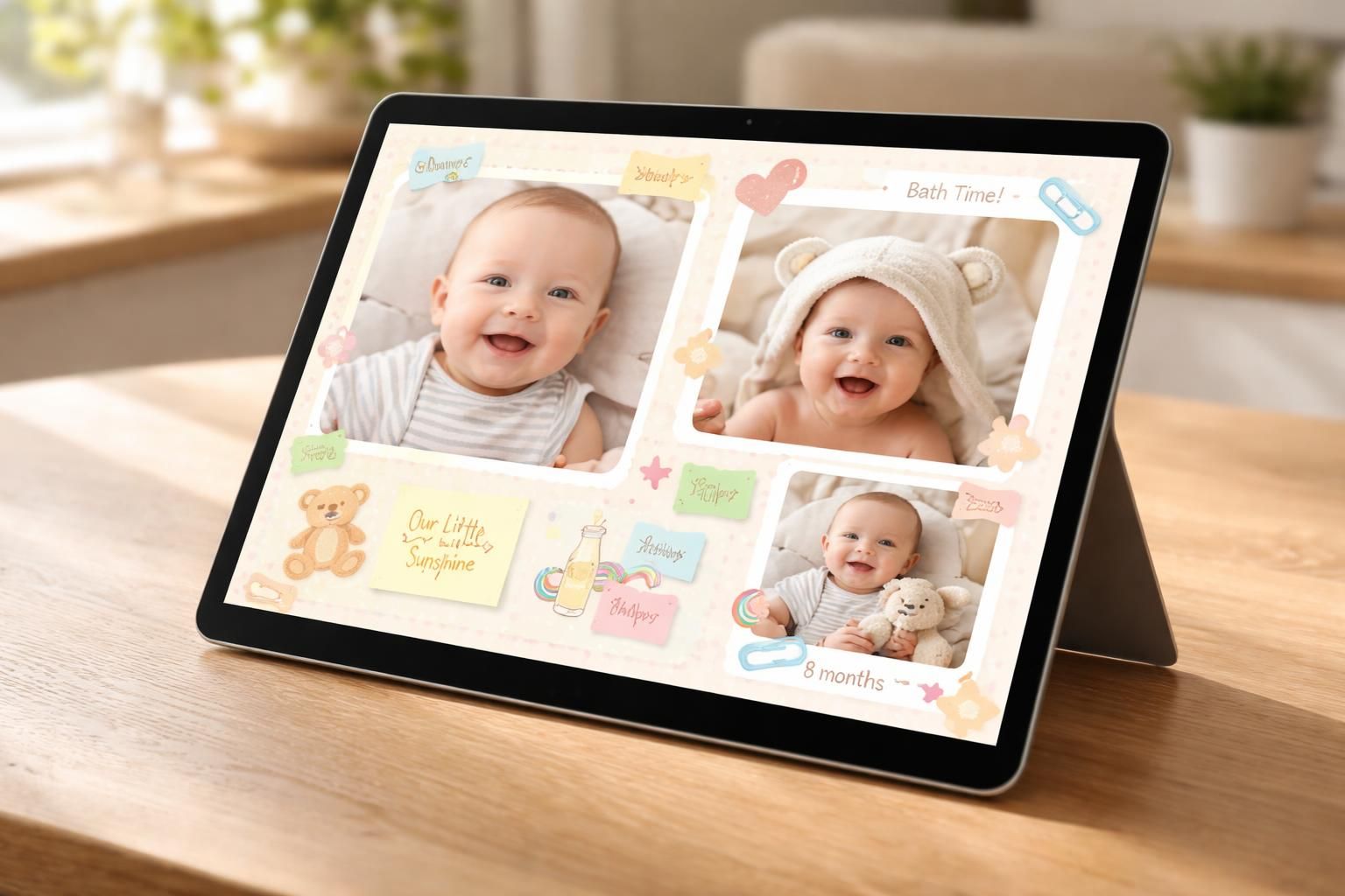créez un album unique pour la première année de votre bébé avec notre scrapbook numérique, optimisé pour tablette tactile microsoft surface. capturez et partagez chaque moment précieux facilement.