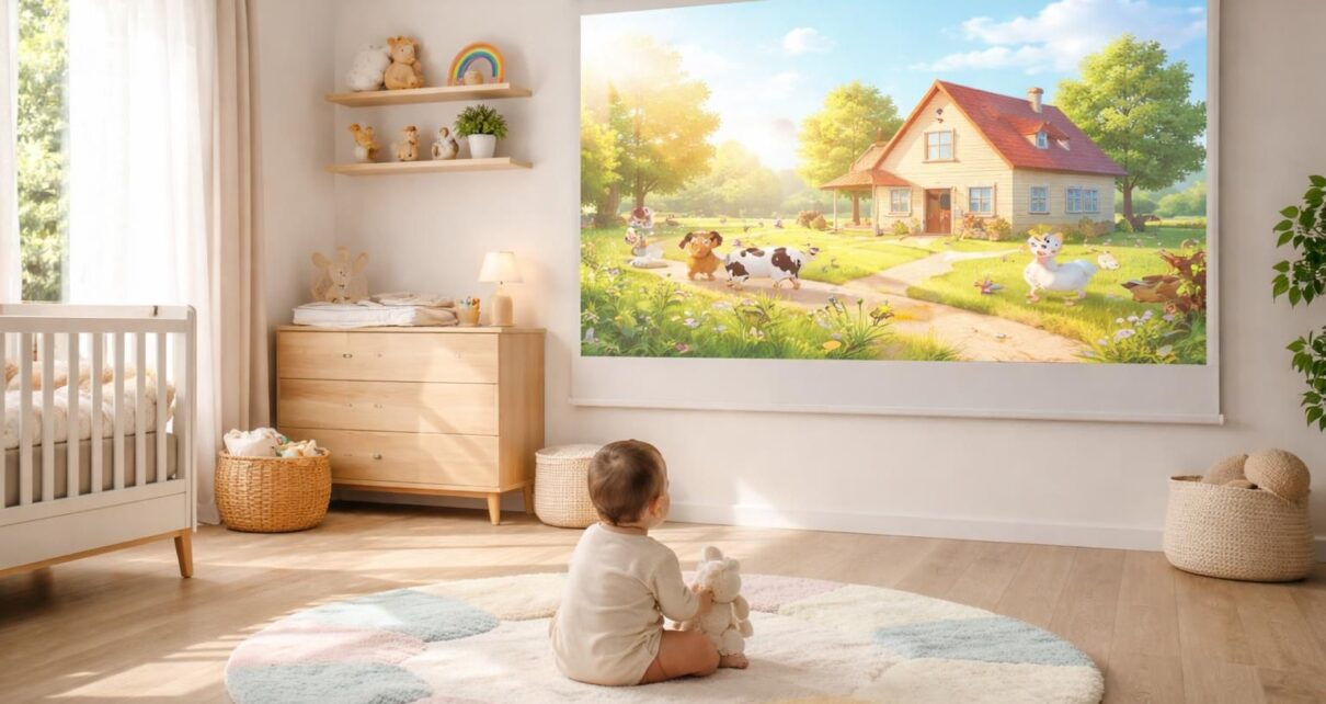 assurez la sécurité autour de votre bébé en éliminant les câbles au sol grâce à un écran de projection innovant, idéal pour un espace sûr et sans encombrement.
