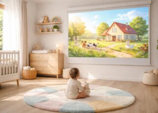assurez la sécurité autour de votre bébé en éliminant les câbles au sol grâce à un écran de projection innovant, idéal pour un espace sûr et sans encombrement.