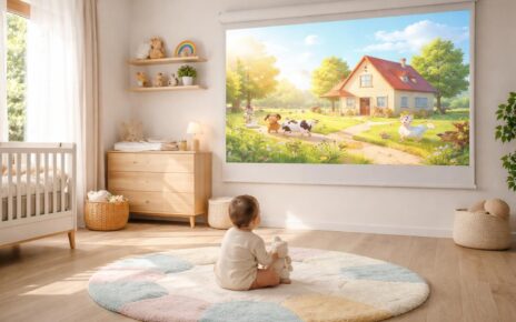 assurez la sécurité autour de votre bébé en éliminant les câbles au sol grâce à un écran de projection innovant, idéal pour un espace sûr et sans encombrement.