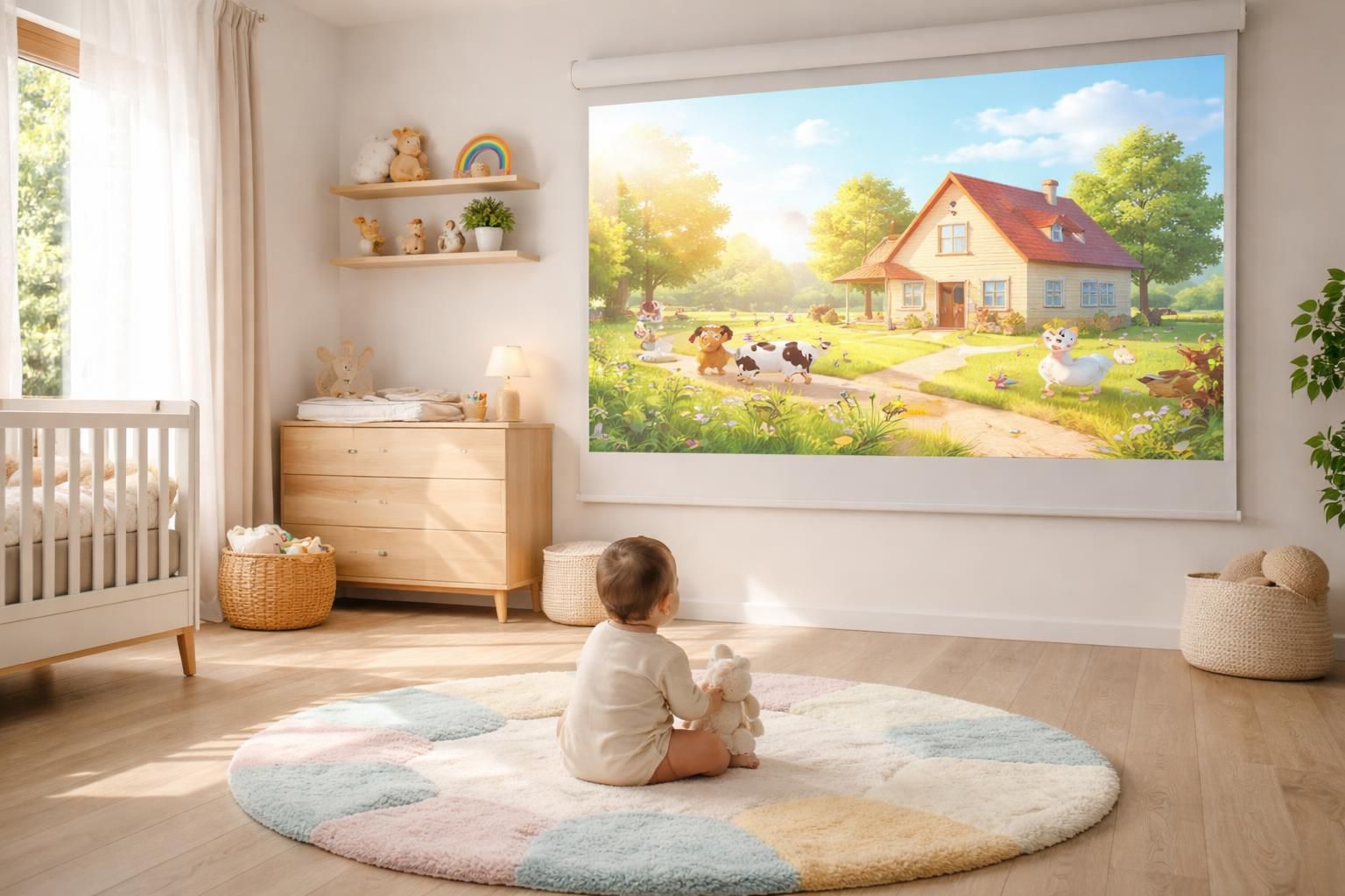 assurez la sécurité autour de votre bébé en éliminant les câbles au sol grâce à un écran de projection innovant, idéal pour un espace sûr et sans encombrement.