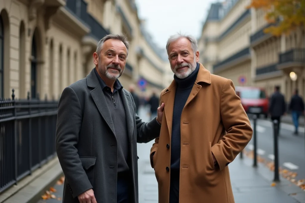 Deux hommes dans la rue à Paris se soutenant mutuellement, illustrant la solidarité fraternelle face au drame familial