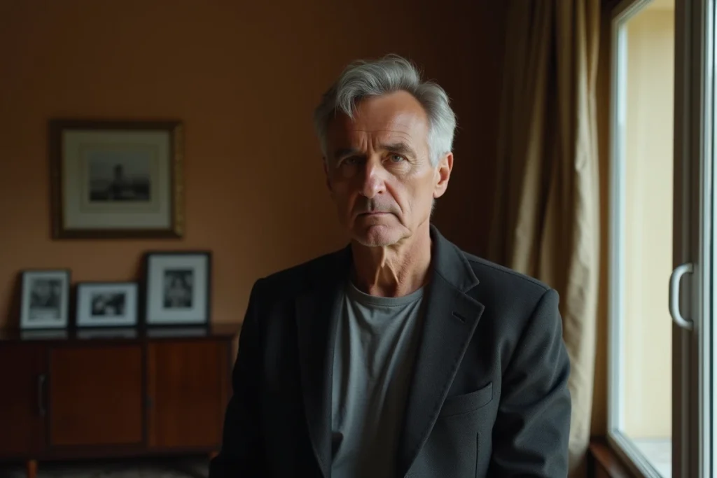 Homme pensif près d'une fenêtre dans un intérieur familial français, symbolisant le recueillement et l'épreuve au sein de la famille Haroche