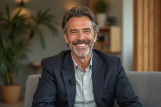 Humoriste français souriant lors d'une interview télévisée, évoquant sa vie privée avec discrétion et bonne humeur