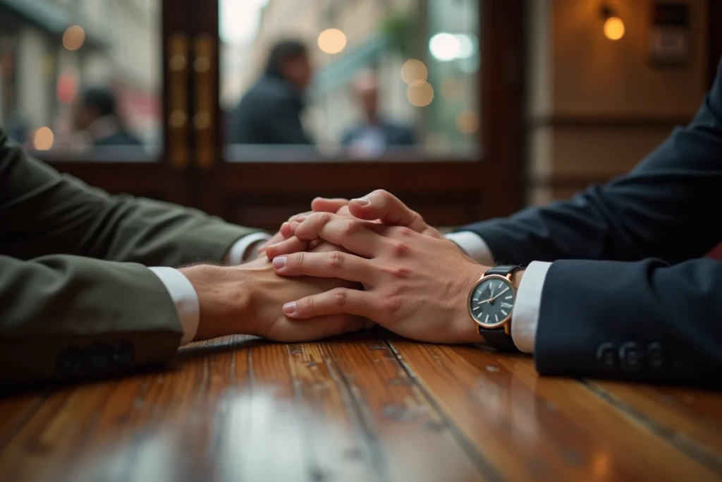 Deux mains masculines enlacées sur une table de café parisien, symbolisant une relation amoureuse discrète et assumée