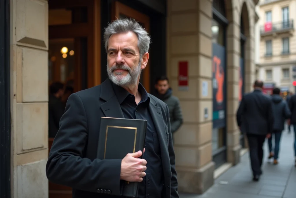 Personnalité publique masculine devant un théâtre parisien, sourire énigmatique suggérant des confidences sur sa vie sentimentale