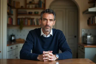 Portrait d'un homme d'âge mûr à l'expression grave et recueillie, évoquant la famille Haroche face à l'épreuve