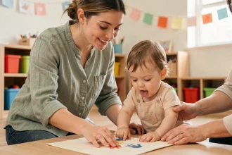 Éducatrice aidant un tout-petit à réaliser une empreinte de main sur carton pour la fête des mères en crèche