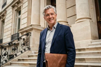 Animateur télévision lors d'une apparition publique devant un bâtiment parisien classique, allure soignée et sourire naturel
