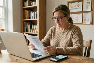Assistante maternelle consultant son compte en ligne et ses documents administratifs depuis son domicile