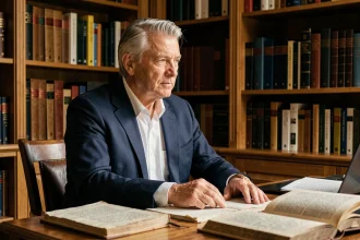 Écrivain distingué aux cheveux grisonnants assis à son bureau d'écriture entouré de livres, évoquant l'intimité préservée d'un auteur célèbre comme Éric-Emmanuel Schmitt