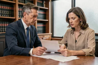 Avocat et cliente examinant un dossier d'adoption simple lors d'une consultation juridique en cas de divorce