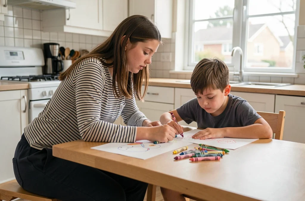 Jeune baby-sitter aidant un enfant à faire un dessin à la table de cuisine