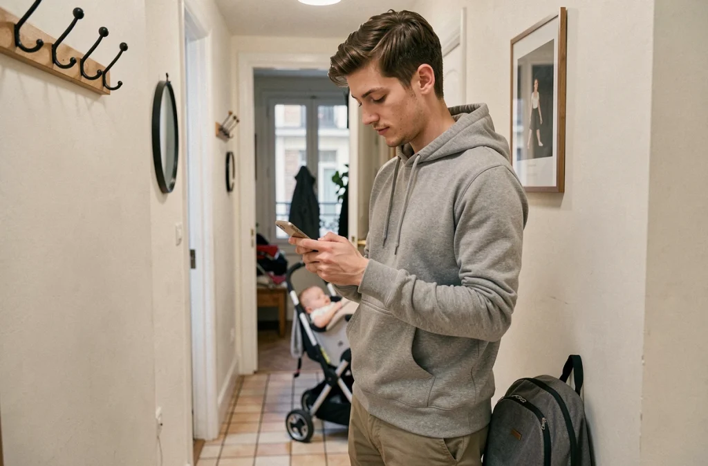 Baby-sitter masculin consultant son téléphone à l'entrée d'un appartement parisien avant de garder un enfant