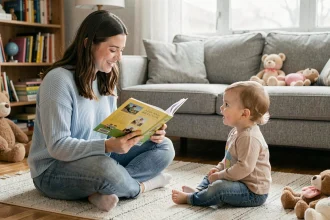 Baby-sitter lisant un livre illustré à un enfant en bas âge dans un salon familial chaleureux