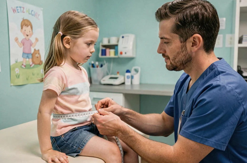 Pédiatre mesurant le tour de taille d'une petite fille de 4 ans lors d'un bilan de santé en cabinet médical