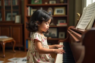 Jeune fille aux cheveux ondulés jouant du piano dans un salon familial chaleureux, évoquant l'enfance artistique de Charlotte Cardin