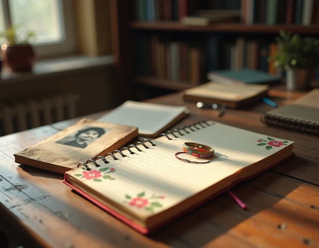Objets souvenirs d'enfance posés sur une table en bois, journal intime et photos anciennes évoquant la jeunesse de Charlotte Cardin