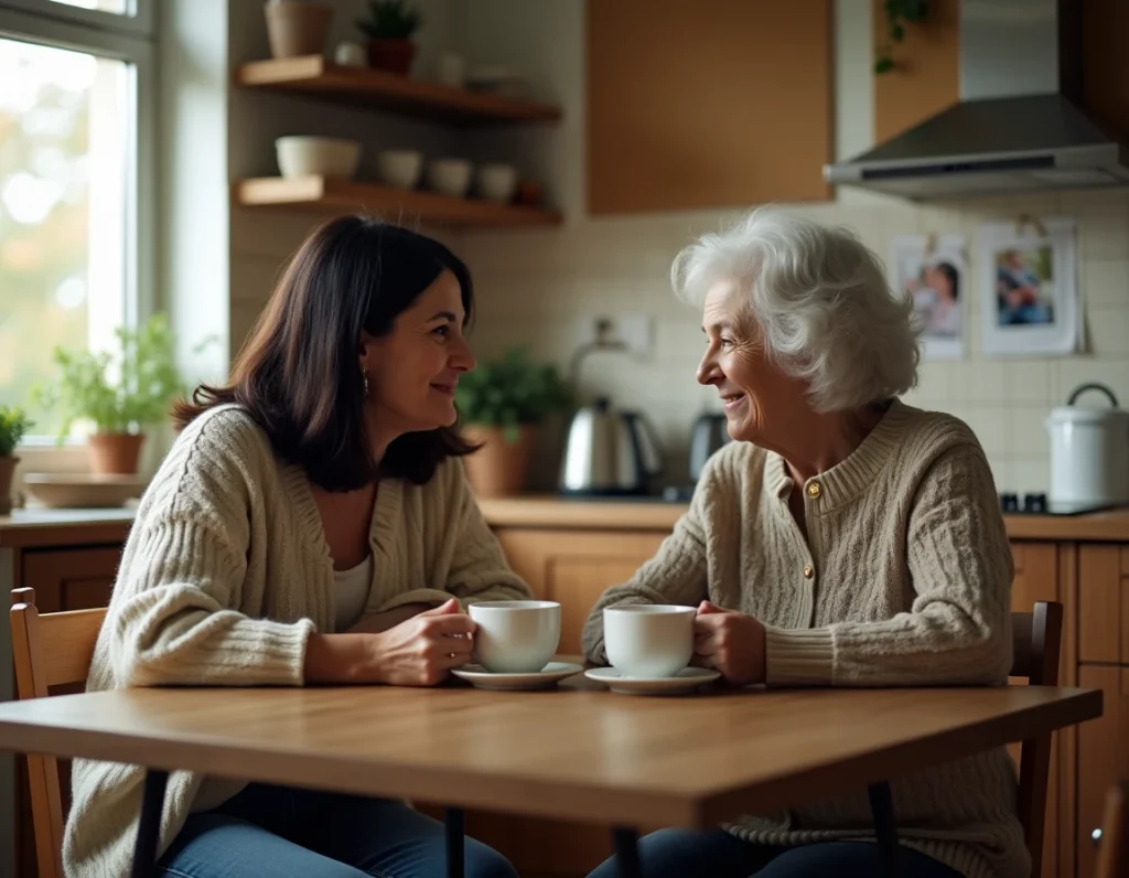 Deux femmes partageant des souvenirs d'enfance autour d'un café dans une cuisine familiale, illustration d'un témoignage proche de Charlotte Cardin