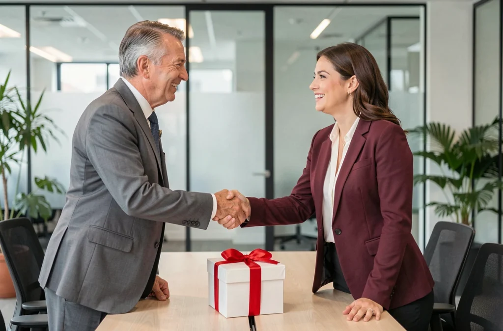 Deux collègues échangeant une poignée de main chaleureuse avec un cadeau d'entreprise sur la table de réunion
