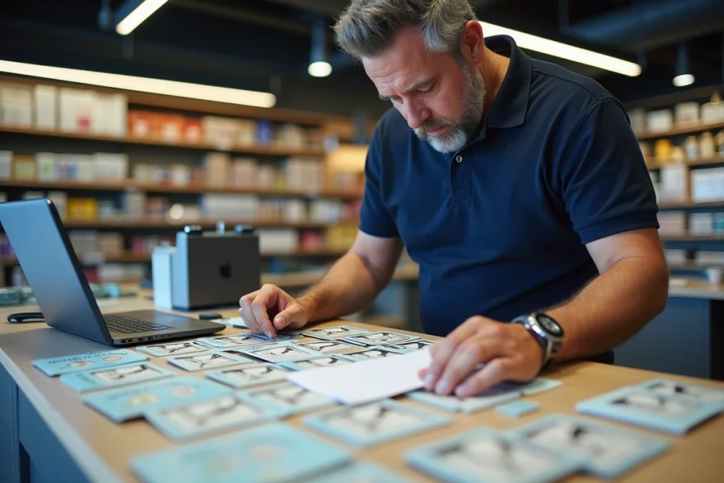 Chef d'entreprise vérifiant une commande de jeux à gratter personnalisés pas chers disposés en rangées sur un comptoir de boutique moderne