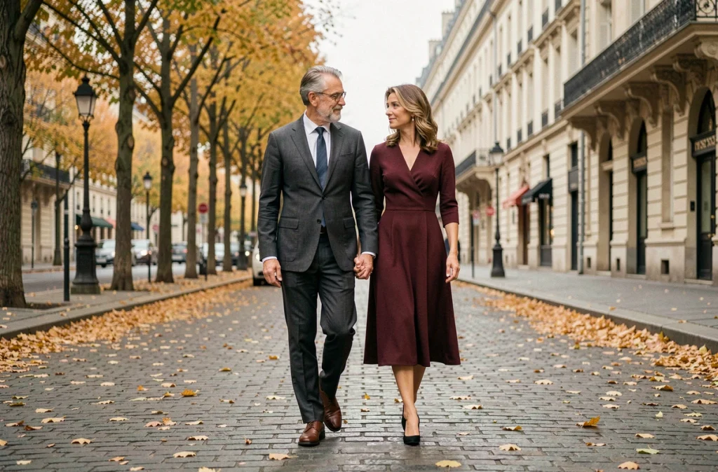 Couple élégant se promenant discrètement sur un boulevard parisien en automne, illustrant le respect de la vie privée des personnalités publiques et de leur relation amoureuse