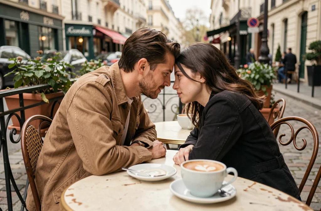 Couple en conversation intime dans un café parisien, symbolisant la tension entre curiosité publique et respect de la vie privée