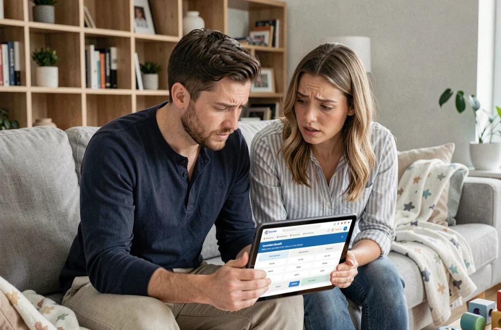 Couple de jeunes parents consultant ensemble une simulation de congé parental sur une tablette numérique, l'air perplexe face aux résultats obtenus dans leur salon