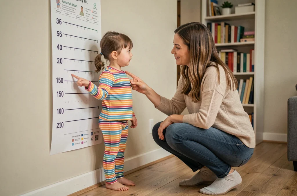 Mère mesurant la croissance de sa fille de 4 ans avec une courbe de croissance affichée au mur