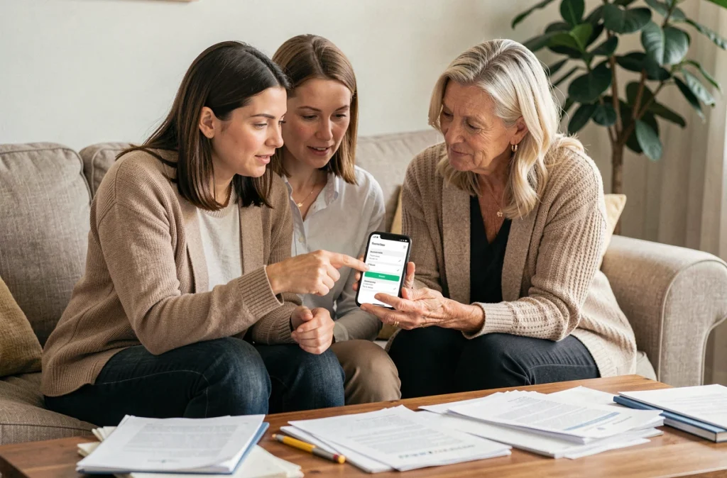 Deux assistantes maternelles échangeant sur les nouvelles fonctionnalités du compte Top Assmat via smartphone