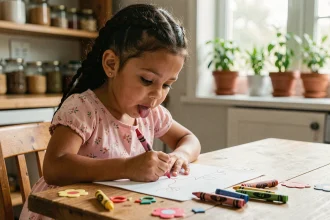 Petite fille écrivant un poème pour la fête des grands-mères à une table en bois avec des crayons de couleur