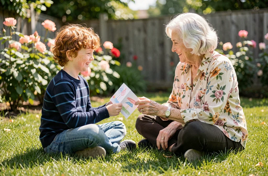 Petit-fils offrant une carte poème faite main à sa grand-mère dans le jardin pour la fête des grands-mères