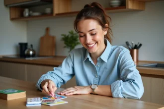 Femme qui gratte un jeu à gratter personnalisé avec une pièce sur une table en bois, cartes personnalisées colorées visibles en arrière-plan