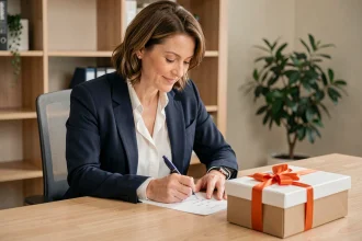 Femme professionnelle rédigeant un message de remerciement pour un cadeau d'entreprise à son bureau