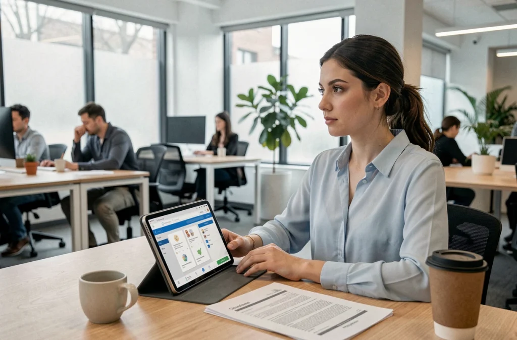 Professionnelle de la petite enfance utilisant une application de gestion sur tablette dans un espace de travail moderne