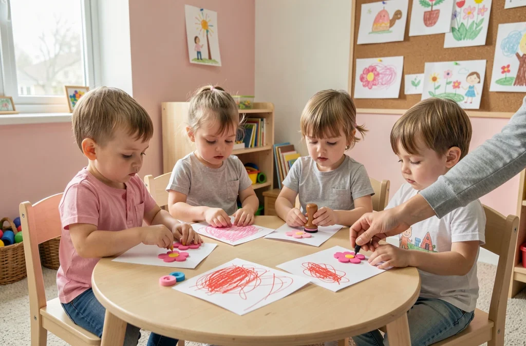 Groupe de tout-petits en crèche fabriquant des cartes décorées pour la fête des mères autour d'une table d'activités