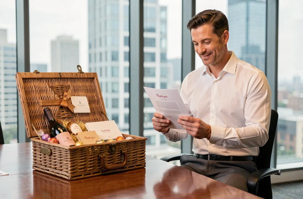 Homme d'affaires lisant une lettre de remerciement à côté d'un panier cadeau d'entreprise premium