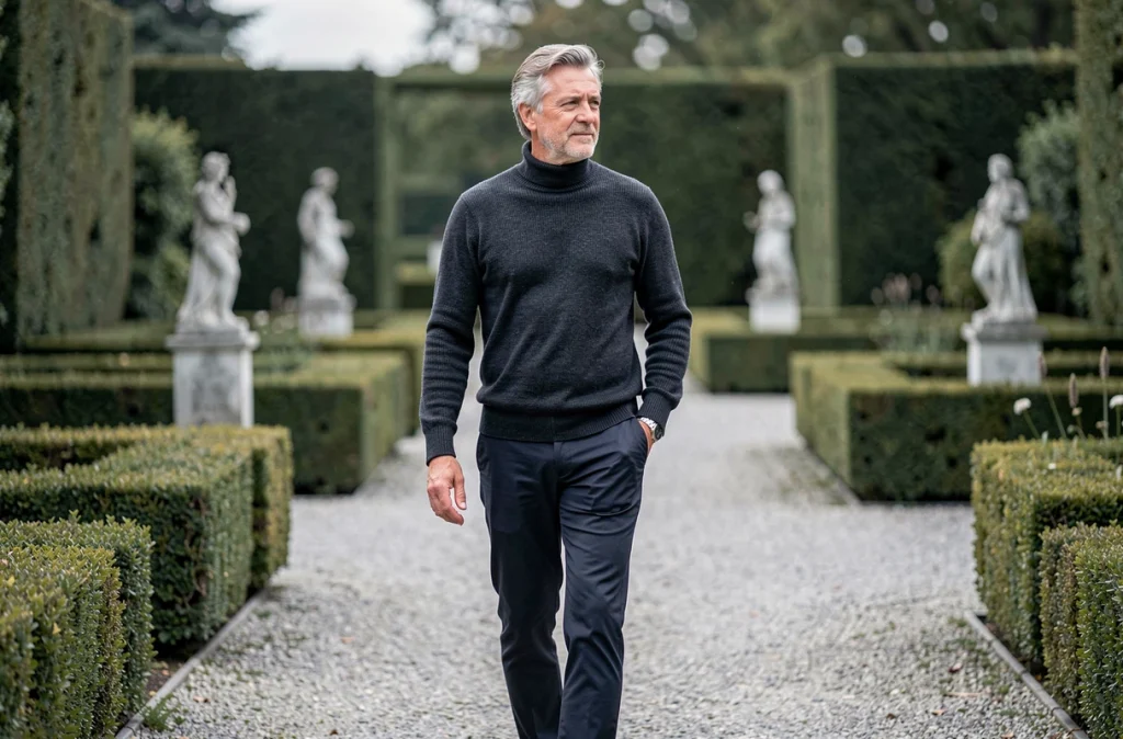 Homme de médias se promenant seul dans un jardin à la française, allure décontractée et moment de vie privée capturé sur le vif