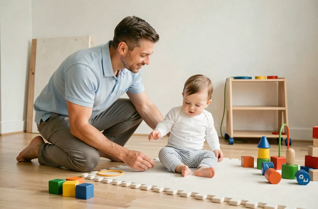 Kinésithérapeute pédiatrique guidant un bébé dans l'apprentissage de la position assise en cabinet de rééducation