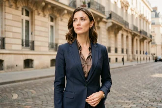 Femme élégante en blazer marine dans une rue pavée parisienne, style éditorial international