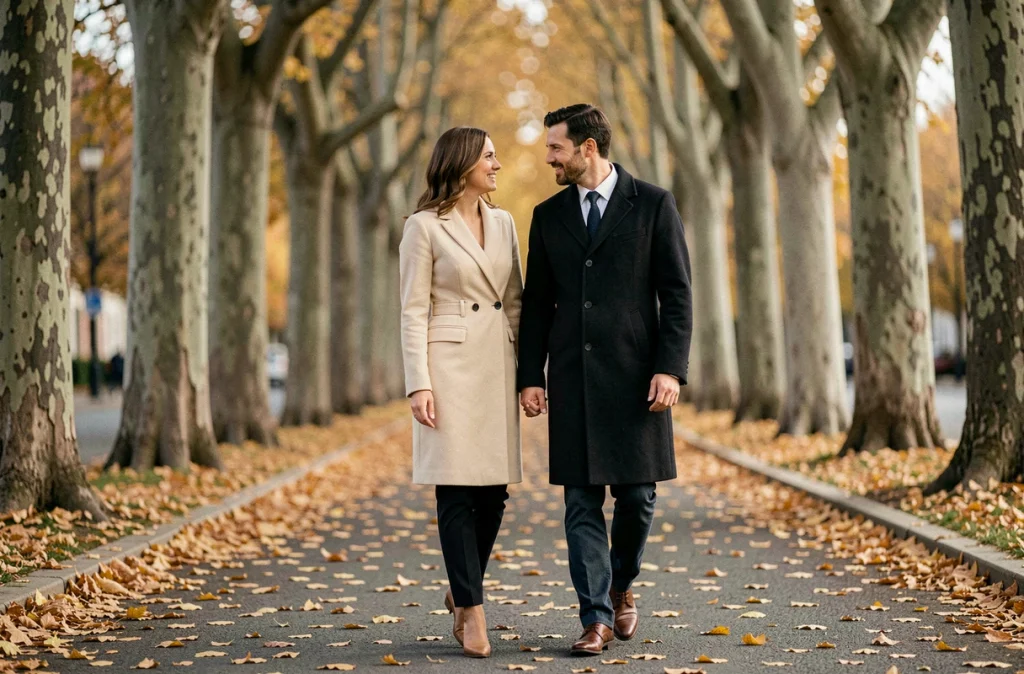 Couple élégant marchant bras dessus bras dessous dans une allée arborée en automne, complicité discrète