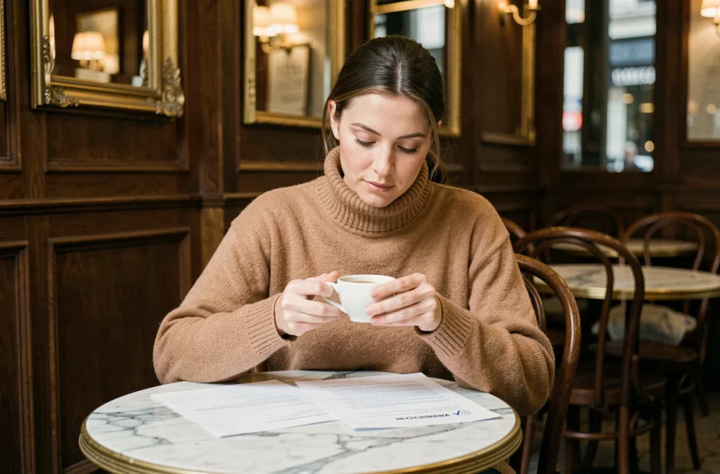Femme sophistiquée lisant des documents dans une brasserie parisienne classique, vie professionnelle et personnelle équilibrée