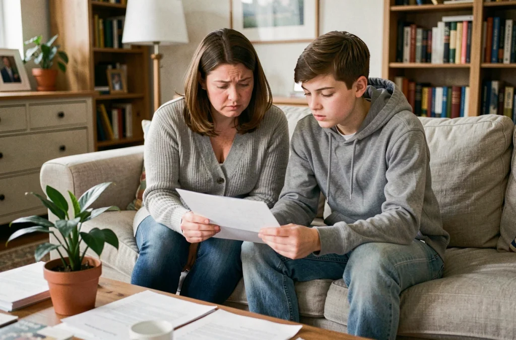 Mère et adolescent consultant des documents d'adoption simple à la maison suite à une séparation familiale