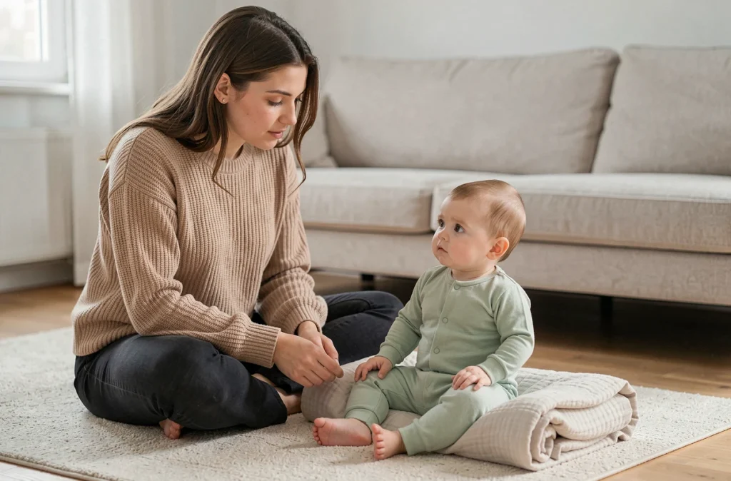 Mère observant attentivement la position assise de son bébé soutenu par une couverture roulée dans un salon moderne