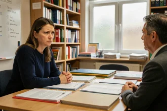 Mère en réunion avec un responsable scolaire pour discuter de l'orientation de son enfant en ULIS