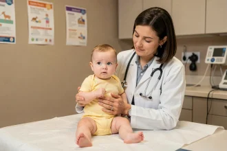 Pédiatre examinant la position assise d'un bébé de 6 mois lors d'une consultation médicale