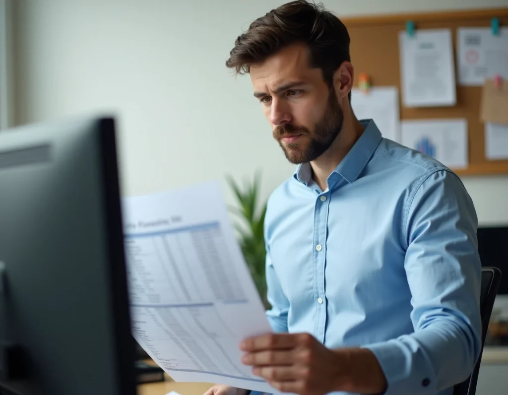 Jeune père debout dans son bureau à domicile, comparant attentivement une feuille de simulation de congé parental CAF avec les données affichées sur son écran d'ordinateur