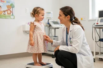 Petite fille de 4 ans sur une balance médicale lors d'une consultation pédiatrique avec une pédiatre souriante